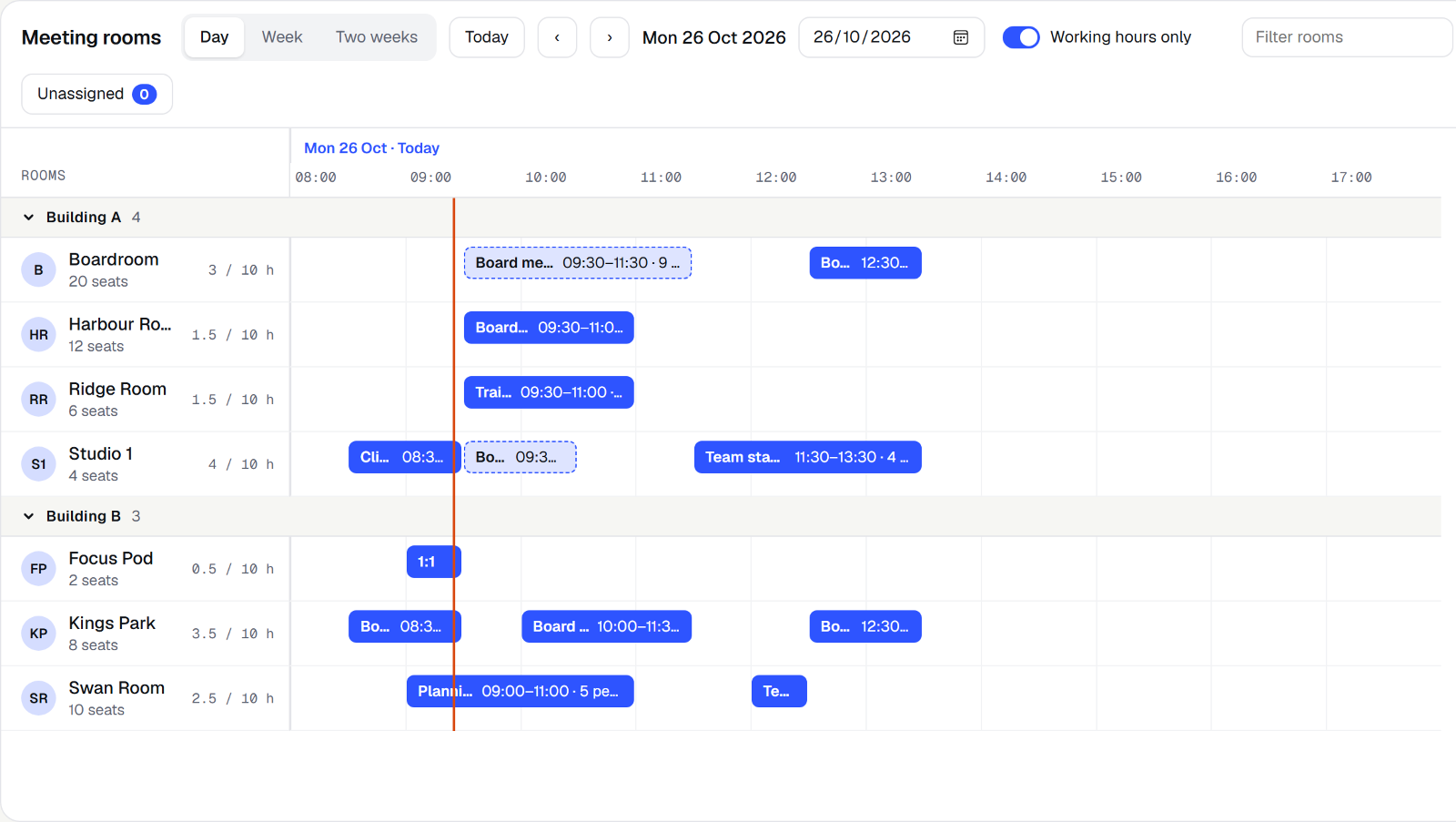 A day of meeting-room bookings grouped by building, with seat counts per room.
